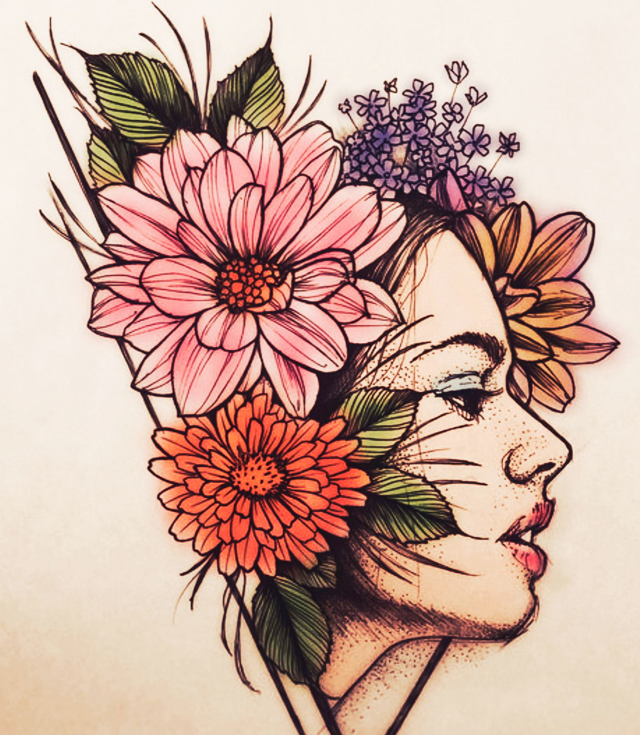 Flowers girl painting hidden face sketch, png | PNGWing